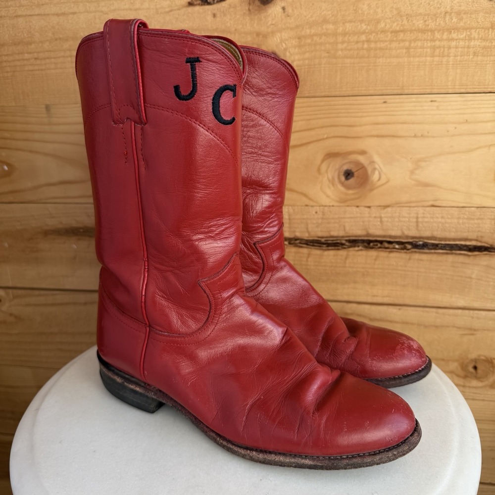 Justin Womens Mid Calf‎ Leather Red Western Boots 6B VTG USA L3055 Embroidered